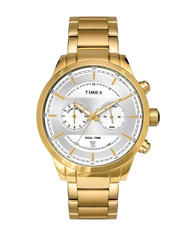 Timex E Class Men's White Dial Round Case Dual Time Function Watch -TW000Y411