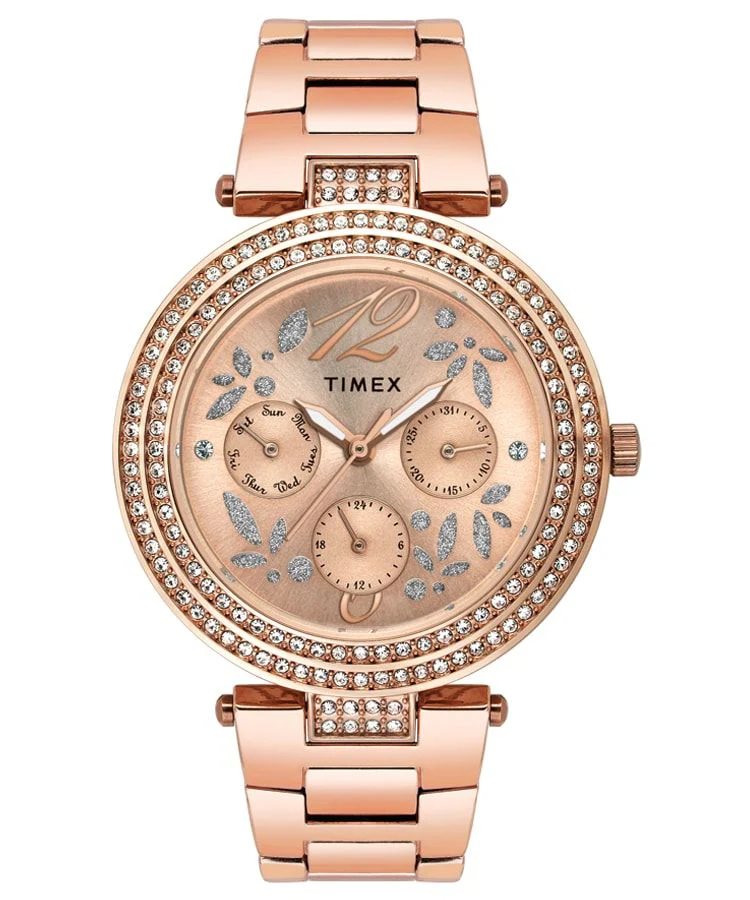 Timex E Class Women's Rose Gold Dial Round Case Multifunction Function Watch -TWEL12003